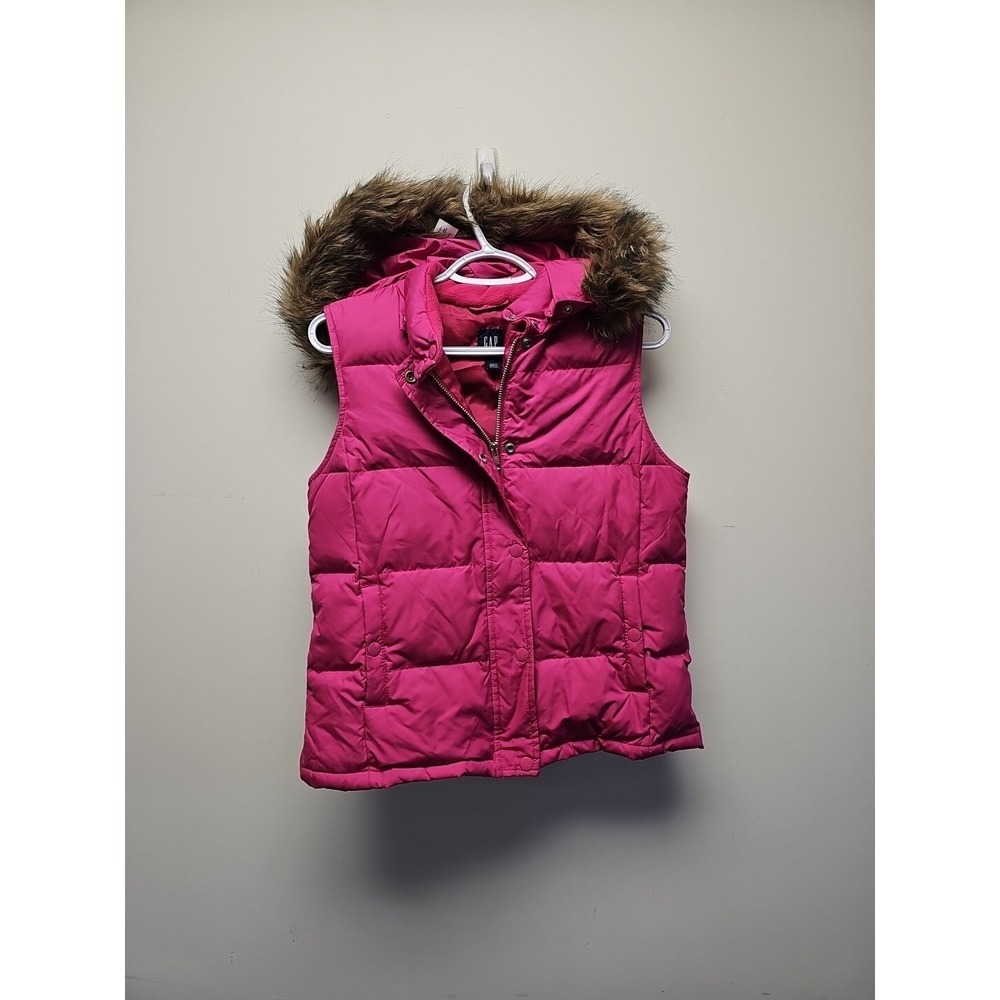 VTG.‎ Gap Fuschia Down Puffer Vest Removable Faux Fur Hood Women's Small